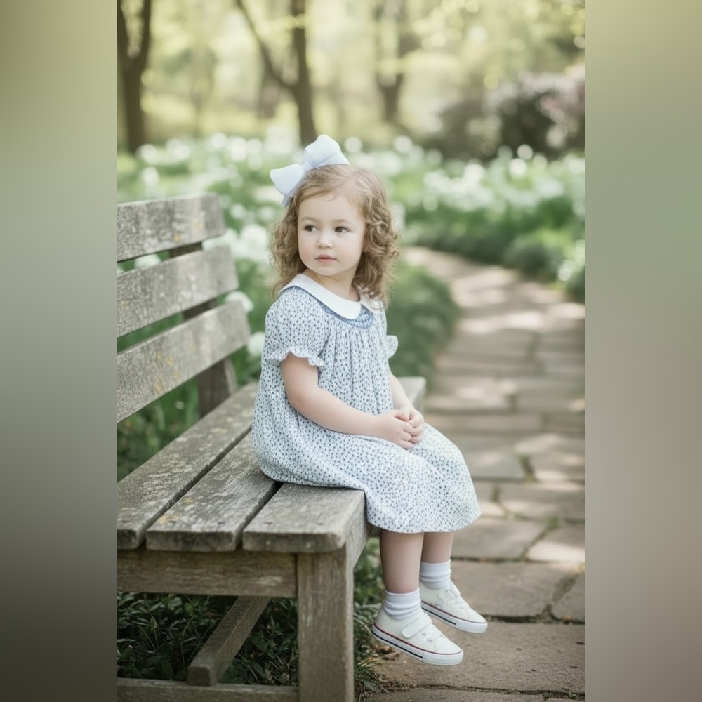 The Smockery Vintage Blue and white speckled Smock Dress with White Collar